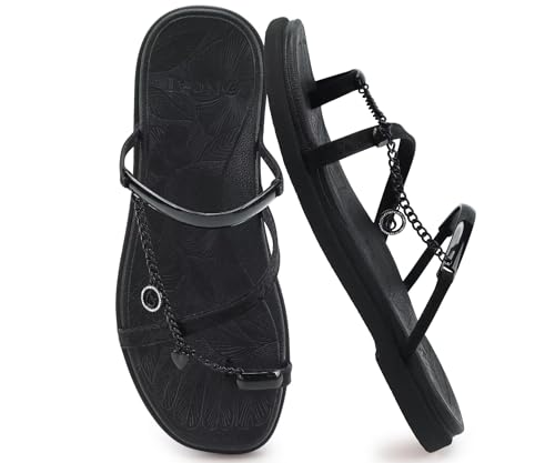 Image of ONCAI Flat Sandals for Women with Toe-loop Square Open Toe Strappy Slide Sandal 2026 Summer Fashion Dressy Slip on Black Size 6 Casual Beach Lightweight Outdoor Ladies Slides Shoes
