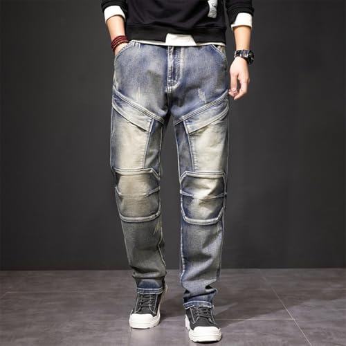 Straight Leg Stretch Denim Pants for Men Washed Relaxed Fit Jeans with Multi Pockets 29-442
