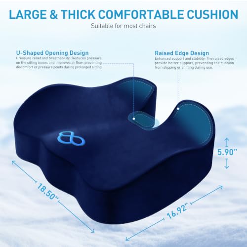 Image of BlissTrends Extra Thick Seat Cushion for Office Chair & Car Seat, Blue | Tailbone & Sciatica Relief, Ergonomic Support, High-Density Memory Foam, Comfort for Extended Sitting