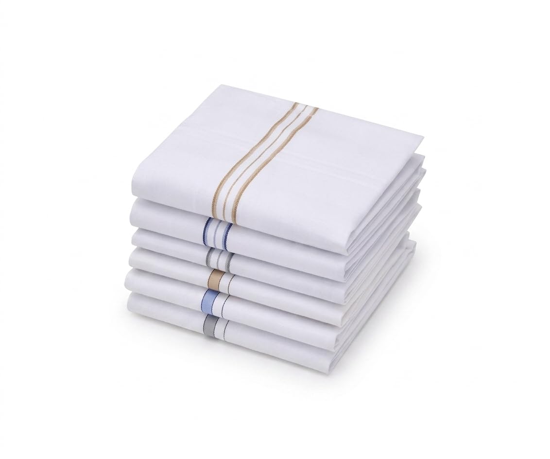 Men’s Cotton Handkerchiefs Pack of 6 | Soft White Hanky Set with Colored Border | Reusable Pocket Square for Daily Use, Office & Formal Wear 24x24 cm-image-41