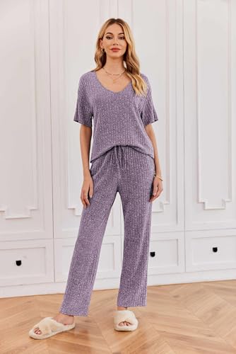 Image of Ekouaer Womens Ribbed Knit Lounge Set Short Sleeve Top and Long Pants Sleepwear Pajama Set Two Piece Matching Outfits Set