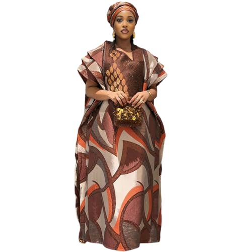 HD African Bubu Dress for Woman Rhinestone& Embroidery Pattern Brown Maxi Gown with Headwrap