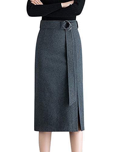 Springrain Women s High Waist Stretch Wool Blend Midi Pencil Skirt with Belt (Gray, Large)
