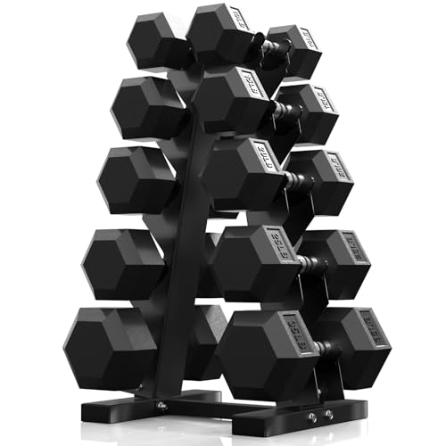PAPABABE Hex Dumbbell Sets with Rack, 60-550lb Rubber Coated Dumbbell Weight Set and Storage Rack, Multiple Options Hand Weights for Strength Training
