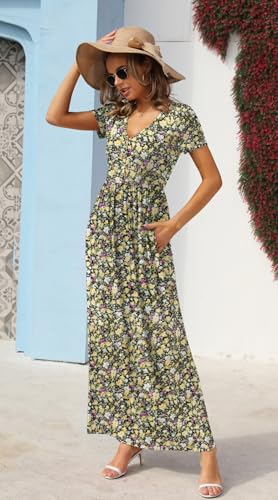 Image of GRECERELLE Womens Summer Long Maxi Dresses 2026 Short Sleeve V Neck Casual Button Dress with Pockets