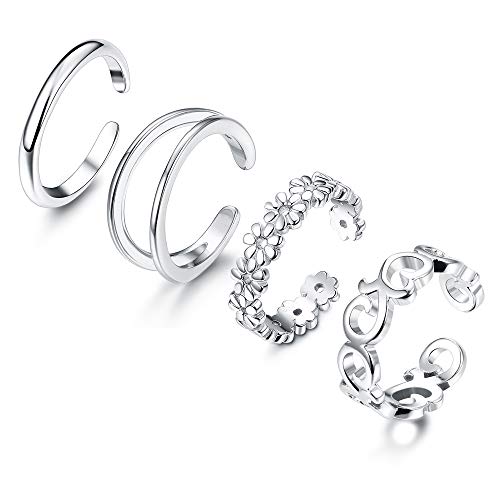 Adramata 4 Pcs 925 Sterling Silver Toe Rings for Women Open Adjustable Band Rings Jewelry Set