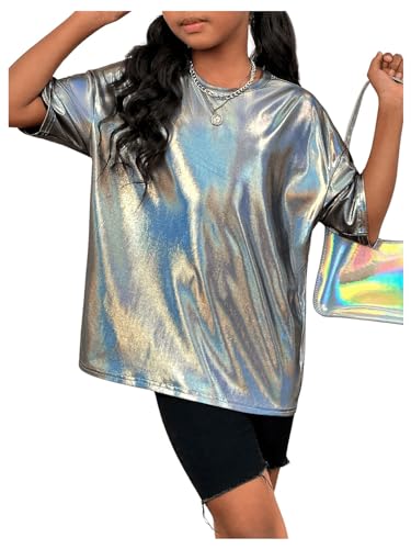 Image of Verdusa Girl's Metallic Oversized T-Shirt Disco Outfits Crew Neck Loose Y2k Dance Tops