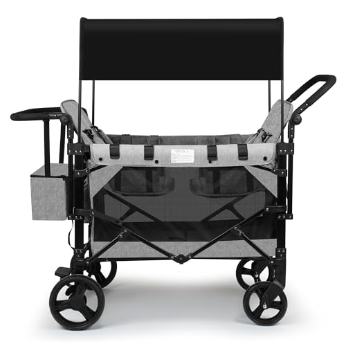 Image of VOOI Stroller Wagon 4 Seater, Wagon for Kids, Collapsible W4 Stroller with Seats with 5-Point Harnesses, Easy Access Zipper Door, and Removable Sun Canopy (Grey, W4-Large)