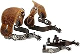 Jeereal Men's Western Antique Spurs with Spur Straps, Engraved German Silver Trims,Iron 3/4