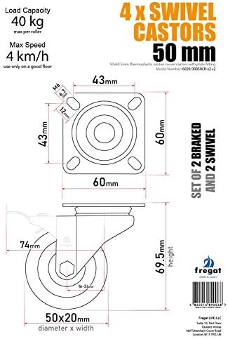 50mm Set of 4 Swivel Castors with Plate Fitting (TPR Rubber, 2 Braked / 2 Swivel, model no 6020/30050CK-x2+2)