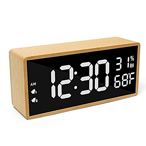 Despertador LED Despertador Digital de Madera, Reloj Despertador Digital Iluminado con Función 2 Alarma/Snooze/Temperatura/Humedad, Reloj Despertador Alimentado por USB para Salón/Dormitorio/Oficina Cover