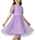 Rolanko Vestido de Manga Corta Abullonada para Niña, Cuello con Volantes Tul de Malla Contraste Elegantes Vestidos de Princesa para Fiestas Bodas, Morado, 9-10 años, 140