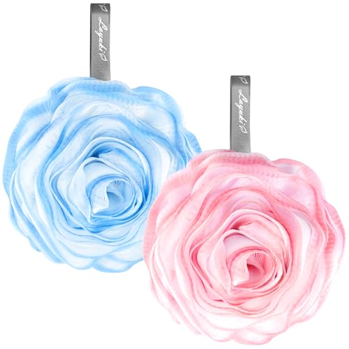 LAYUKI Bath Loofah, Shower Loofah, Body Loofah, Bath Sponge, Shower Sponge, Body Sponge, Bath Scrubber, Shower Scrubber, Body Scrubber, Rose-Shaped, Elegant (Set of 2 Pieces,Pink and Blue)