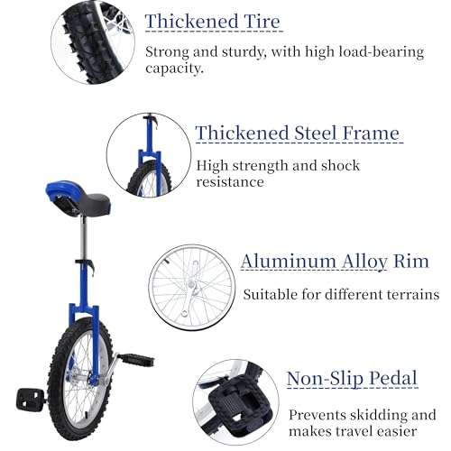 LEYSRIS 16\" Outdoor Wheel Unicycle, Height Adjustable Steel Frame Leakproof Tire Wheel Cycling Exercise Bicycle for Office Workers, Students, Cycling Enthusiasts (Blue)