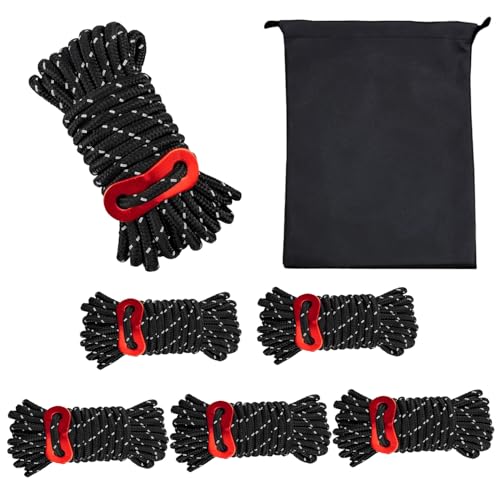 Wind Tour Lightweight Tent Guy Lines with Aluminum Tensioners（6-Pack | Black）