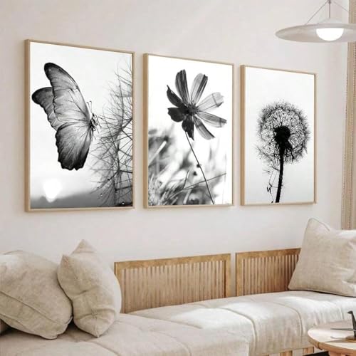 Impression sur toile fleurs et papillons TONGYINLI 60x90cm triptyque noir et blanc pour salon