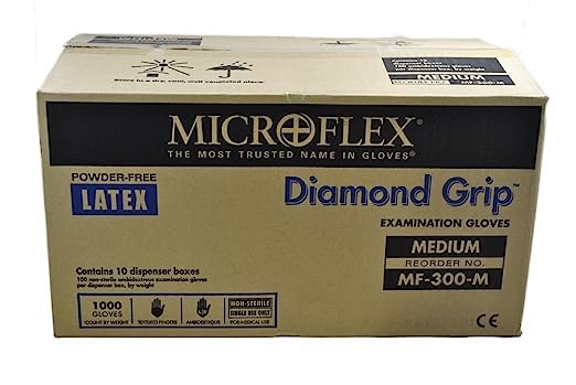 Microflex MF-300-M Diamond Grip Exam Gloves, PF Latex, Textured Fingers, Medium, 100 per Box, 10 Box per Case (Pack of 1000)