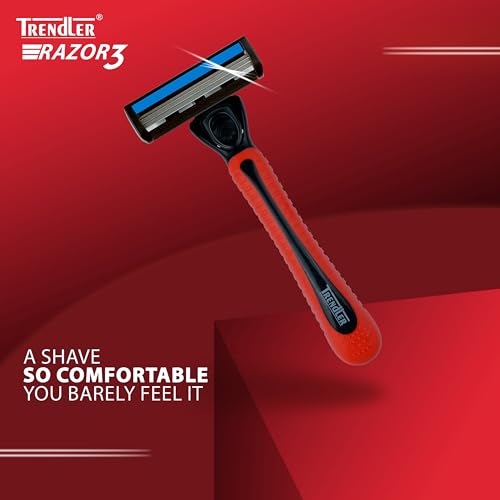 Image of 3 Blade Red Razor for Men with Free Stand - Smooth Shaving Razor, Anti-Slip Handle, 1 Handle + 3 Blade Cartridges.