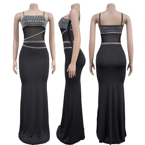 Image of Jigfar Women Sexy Elegant Rhinestone Mesh See Through Party Club Night Split Bodycon Formal Maxi Dress