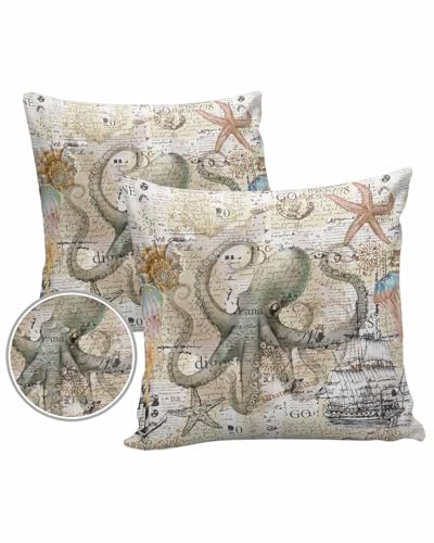 Brown Octopus Outdoor Pillow Covers Waterproof,All Weather Cushion Case Set of 2 Decorative Pillowcases for Sofa Couch Bed Decor Patio Furniture 18