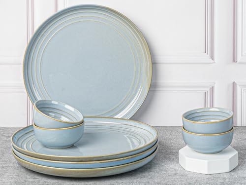 Image of Bodhi House Handcrafted Chip Resistance Porcelain Dinner Set, 8 Pieces Serving for 4, Microwave and Dishwasher Safe, Bone-ash Free, Crockery Set for Dining and Gifting, Arctic Blue