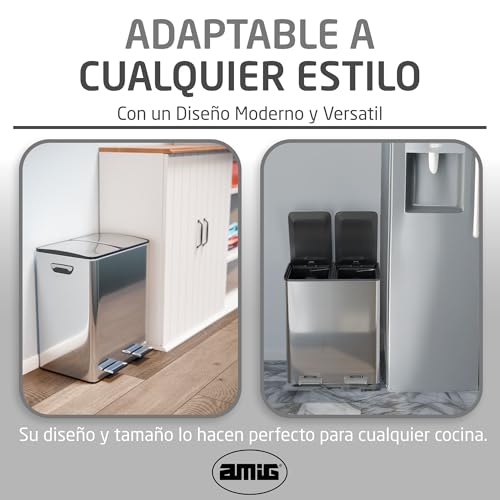 Miniatura 9 de Amig - Cubo De Reciclaje Doble Con Pedales Mod. Recik Evo 40 L - 2 Compartimentos X 20 L - Acero Inoxidable - 45 X 30 X 52 Cm - Plateado