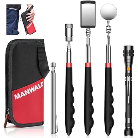 Telescoping Magnetic Pickup Tool Set with Portable Bag, Extendable Flashlight with 360° Inspection Mirror, Christmas Gifts Stocking Stuffers for Men, Mechanics, and Handymen, Red Cover