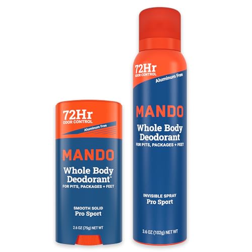 Mando Whole Body Deodorant Two-Piece System - 2.6 oz Smooth Solid Stick and 3.6 oz Deodorant Spray - Aluminum and Baking Soda Free Odor Control - Doctor Developed - 2 Piece Bundle (Pro Sport)
