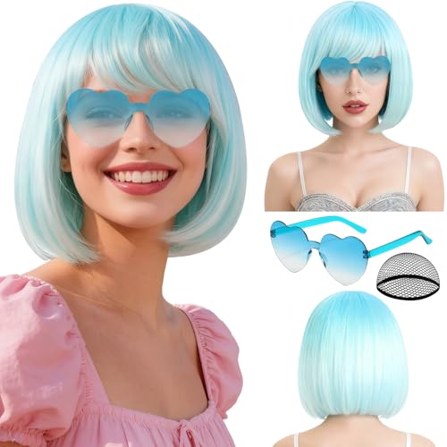 Image of PLULON Blue Ombre Bob Wig with Heart Sunglasses and Hair Cap for Women Men, Colorful Short Funny Bob Wigs with Bangs Colored Cosplay Hairpieces for Halloween Costume Neon Bachelorette Party