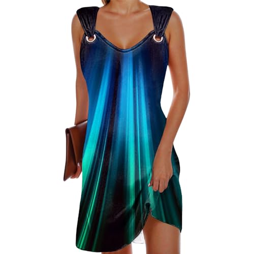 Sommerkleid Damen Knielang Elegantes Strapskleid Bedrucktes Kleid Lange Sommerkleider Schultergurt Mit Schnalle Strandkleid Damen Luftig Freizeit...