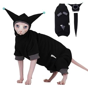 Sphynx Cat Clothes Waffle Pattern Suit, Cute Pet Hat and Shirt Set, Hairless Cat Devon Cornish Pink and Black Suit, (Medium, Black)