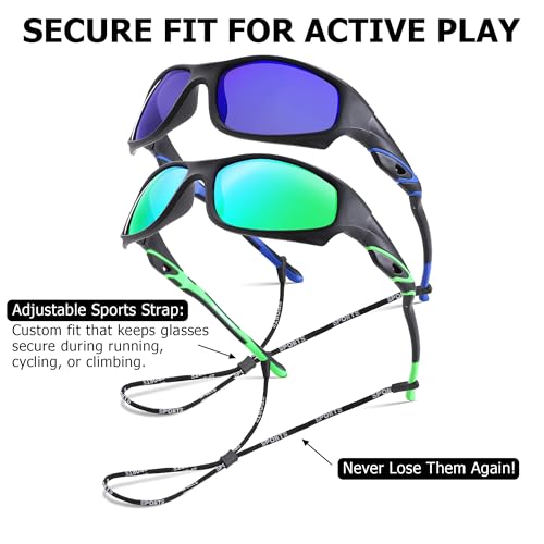 GLARDEFE Kids Youth Baseball Sunglasses – Unbreakable Flexible Polarized Sports Sunglasses with Strap for Boys Girls Age 4-12(Matte Black/Green Mirror + Matte Black/Dark Blue Mirror) by GLARDEFE - Image 4