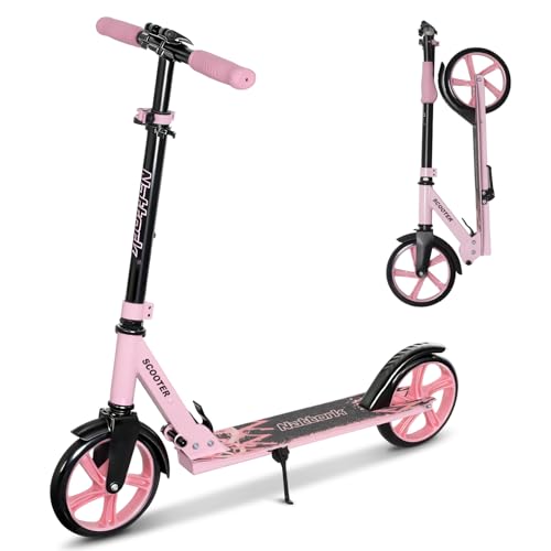 Nattork Scooter for Kids 6+, Teens and Adults- Adjustable Height Folding Kick Scooter with Large Sturdy Wheels for a Smooth Ride, Lightweight, Anti-Shock Suspension for Boys and Girls Pink