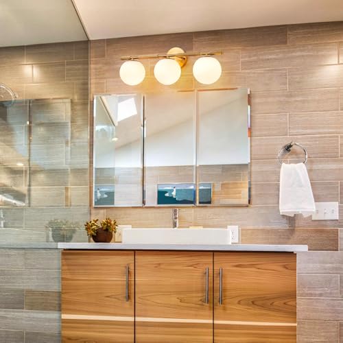 Image of 24 inch Brass Vanity Light, 3-Light Modern Gold Bathroom Lighting Fixtures Over Mirror with Knurled Texture Milk Glass Globe Wall Sconce