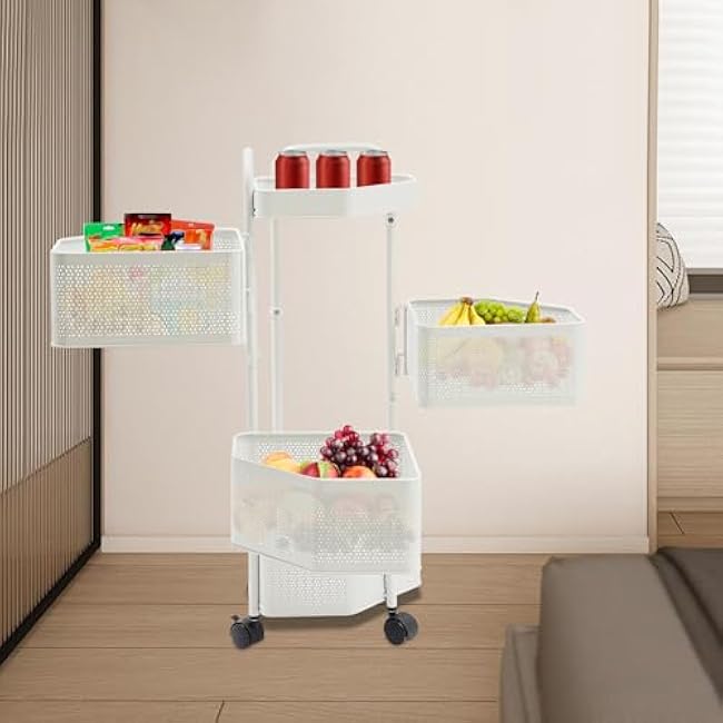 Rotating Storage Shelves, 4-Tier Removable Basket Shelf Organizer Metal Storage Tower Basket Shelves Organizer on Rolling Wheels for Fruit Vegetable Grocery Corns (White)-DCLSEAjt