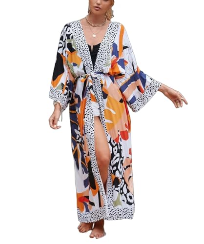 Image of Women's Kimono Cover Up Long Beach Dress Swimsuit Cover Ups Colorful Cardigan Lightweight Robe for Swimwear