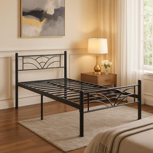 Image of Zyra Metal Extra Single Size Bed Without Storage | Wrought Iron Cot with Headboard & Footboard| Sturdy Powder Coated Platform Bed Extra Single Size Cot for Bedroom (Zyra Black)