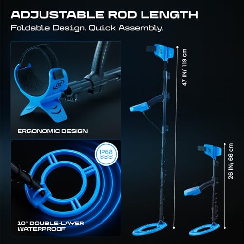 CKG Metal Detector for Adults Starter Kit for Treasure Hunting, High Accuracy with 10\" Waterproof Coil, LCD Display, 4 Modes, for All Family Coin Game, Headphones, Sifting Shovel, Bag,Trowel, Blue
