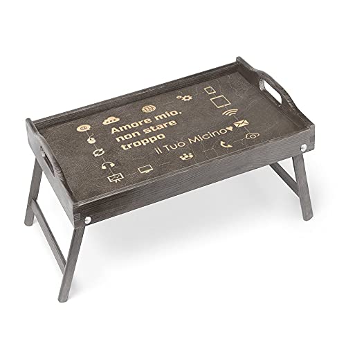 Maverton Vassoio da Colazione a Letto Personalizzato - Tavolino Pieghevole Grigio in Legno con Manici e Bordo Rialzato - Incisione Laser - Tavolo Multiuso 50 x 30 cm - regalo donna - Lapdesk