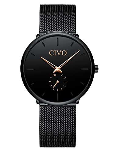 CIVO Montre Homme Noir Ultra Mince Montres Poignet Acier Inoxydable Très Montres Minimaliste Luxe Hommes Montre-Bracelet étanche à l'eau avec Bande de Maille Entreprise Quartz Montre Cover