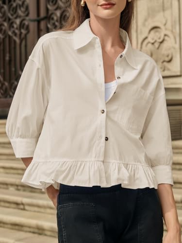 Cicy Bell Womens Cropped Button Down Shirts 3/4 Length Sleeve Casual Cotton Blouses Loose Fit Ruffle Hem Tops Khaki — view 3