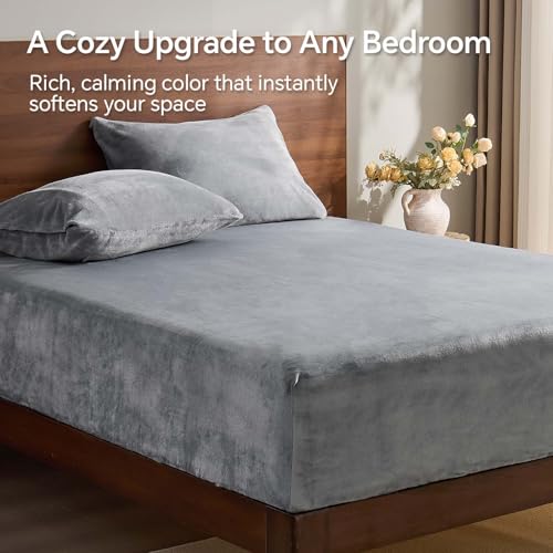 Image of BEDELITE Flannel King Fitted Sheet & Pillowcases Set, Grey, 3 Pieces | Ultra Soft Plush Fleece Bed Sheet with Elastic Corner Straps, 16 Inch Deep Pocket, Fuzzy All-Season Gift & Room Decor