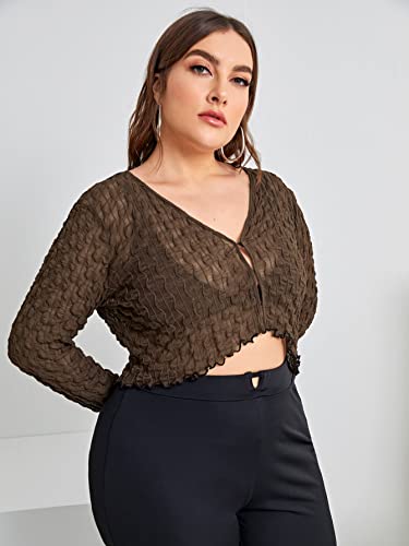 Floerns Women's Plus Size V Neck Lettuce Trim Long Sleeve Mesh Crop Top T Shirt4