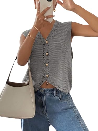 EARKOHA Womens Sleeveless Top Women's Solid Color Single Breasted V-Neck Casual Knit Vest