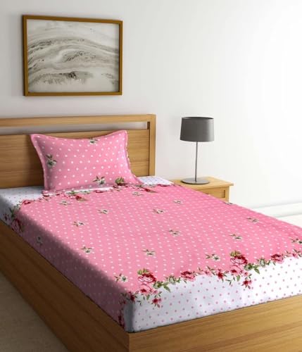 Image of Glace Cotton Single Bedsheet 60x90 Inches with 1 Pillow Cover 18x28 Inches - Pink Floral Polka Dot Print Bed Sheet Set - Soft Flat Bedcover for Single Mattress Girl Bedroom Hostel Room - Pink