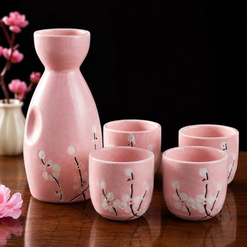 Image of Japanese Ceramic Sake Set - 5 Piece Pink Floral Blossom Sake Set with 1 Sake Bottle (Tokkuri) & 4 Sake Cups | Traditional Japanese Wine Set for Drinks, Shochu & Home Bar | House Warming | Gift Set