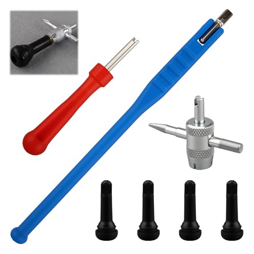 Funver 7PCS Outils pour Valves Pneu Voiture, Demonte Obus Valve Set avec Démontre Obus Clé de Valve 4 en 1 Extracteur Double Tête et 4 Valves Tubeless TR414, pour Auto Moto Vélo