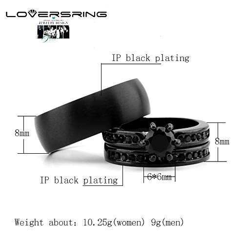 Loversring Couple Ring Bridal Sets His Hers Women 18K Black Gold Plated Cz Men Titanium Wedding Ring Band Set #TOP3