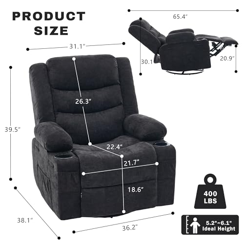 Image of Swivel Rocker Recliner Chair, Manual Recliner Single Sofa with Cup Holders, Chenille Fabric, Modern Nursery Rocking Chair with Side Pocket for Living Room, Apartment, Black