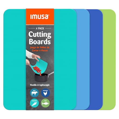 Image of IMUSA Plastic Cutting Board Mats, Flexible Set of 4, 11.5 inchx15 inch, Non-Slip | Color-coded for meat, veggies, fruit, and bread prevents cross-contamination, odor-resistant, thin, lightweight, hand wash